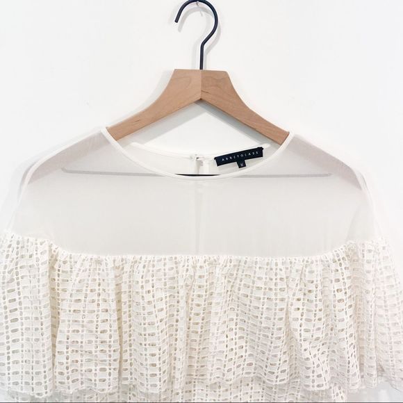 Abbey Glass Luxury Eyelet Mesh Top Floating Ruffle Illusion Blouse White Medium - Picture 2 of 9